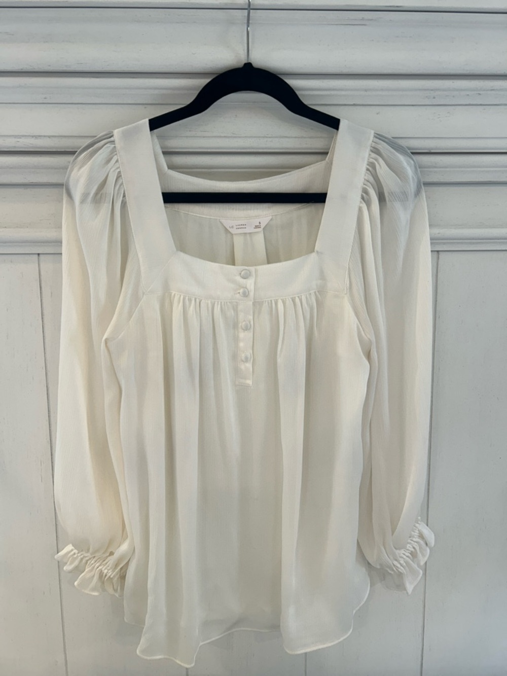 LC Lauren Conrad Cream Square-Neck Blouse with Gathered Sleeves